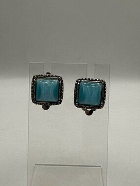 Vintage Silver Tone Blue Chalcedony Square Stud Earrings